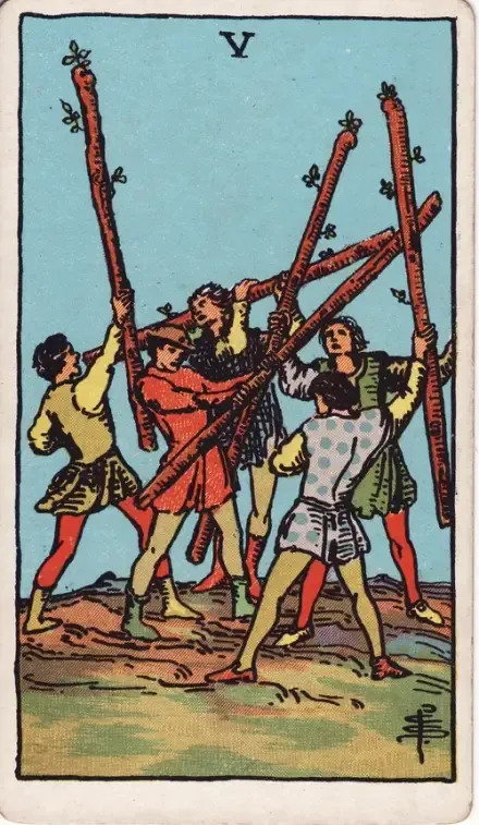 Five of Wands tarot card (Rider–Waite–Smith)