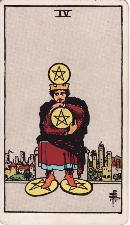 Four of Pentacles tarot card (Rider–Waite–Smith)