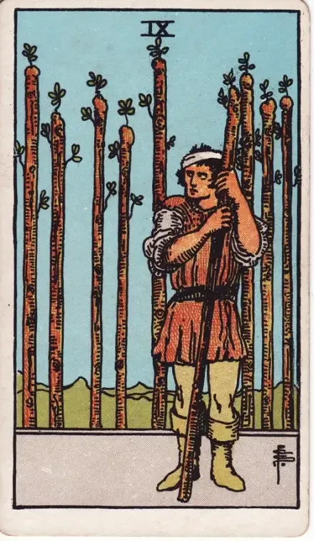 Nine of Wands tarot card (Rider–Waite–Smith)